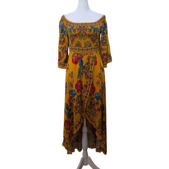Jealous Tomato Yellow Tropical Floral Faux Wrap Hi Low Dress Large - Picture 1 of 7